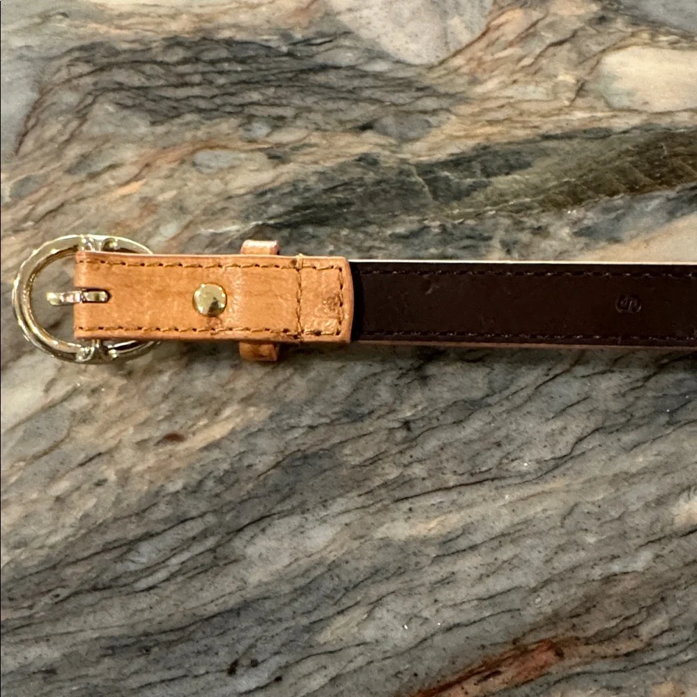 J. Crew Thin Ostrich-Embossed Leather Belt in Light Brown with Gold Buckle - Picture 3 of 4